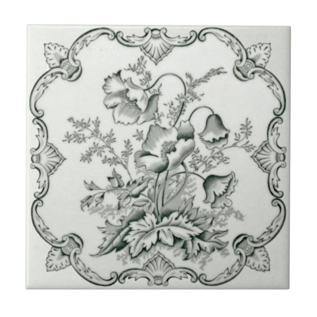 Victorian Black & White Nouveau Floral Repro Wall Ceramic Tile (Front)