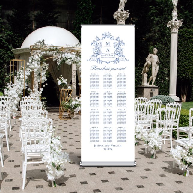 Victorian Blue 12 Table Wedding Seating Chart Retractable Banner (Creator Uploaded)