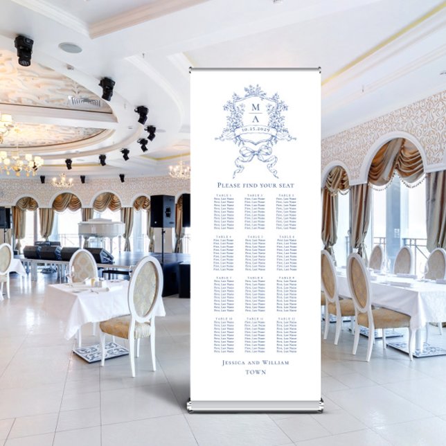 Victorian Blue 12 Table Wedding Seating Chart Retractable Banner (Creator Uploaded)