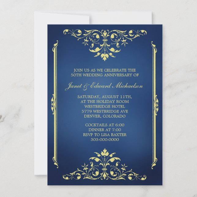 Victorian Blue and Gold Anniversary Invitation (Front)