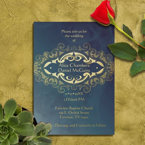 Victorian Blue and Gold Foil Accent Wedding Foil Invitation