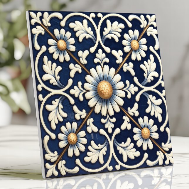 Victorian Blue and Ivory Daisy Pattern Ceramic Tile (Creator Uploaded)