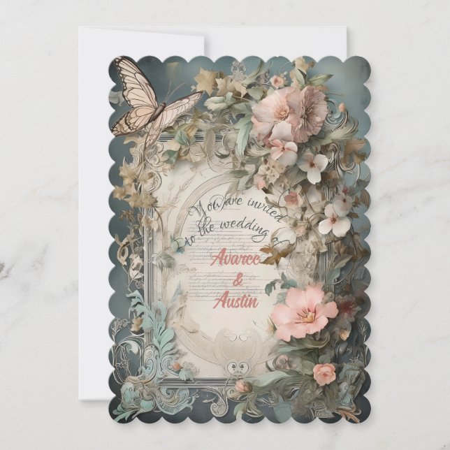 Victorian Blue and Pink Flowers and Butterflies Invitation (Front)