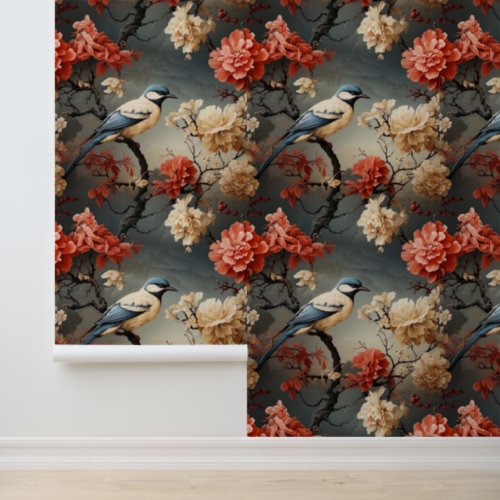 Victorian Blue Bird Boho Georgian Trailing Wallpaper
