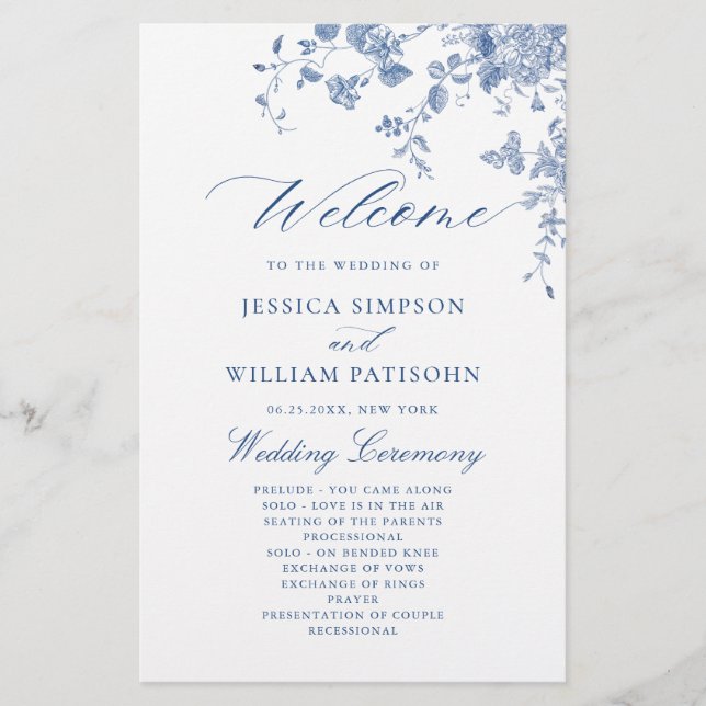 Victorian Blue Floral Wedding Ceremony Program (Front)