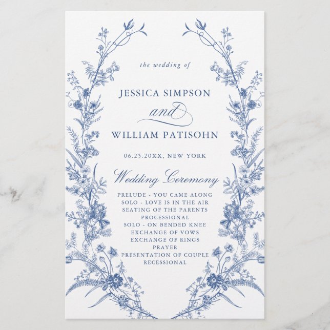 Victorian Blue Floral Wedding Ceremony Program (Front)