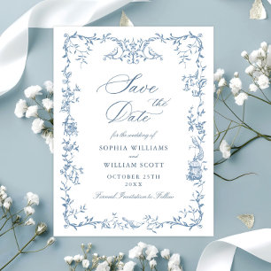 Victorian Blue Floral Wedding Save the Date Postcard