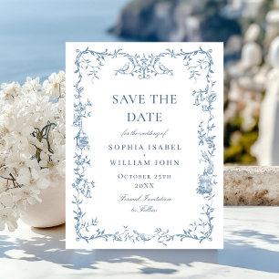 Victorian Blue Floral Wedding Save the Date Postcard