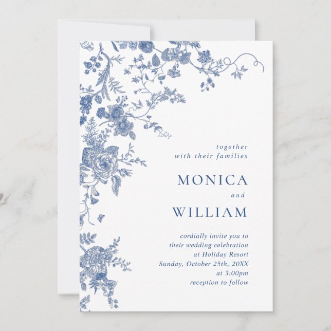 Victorian Blue French Floral Photo QR code Wedding Invitation (Front)