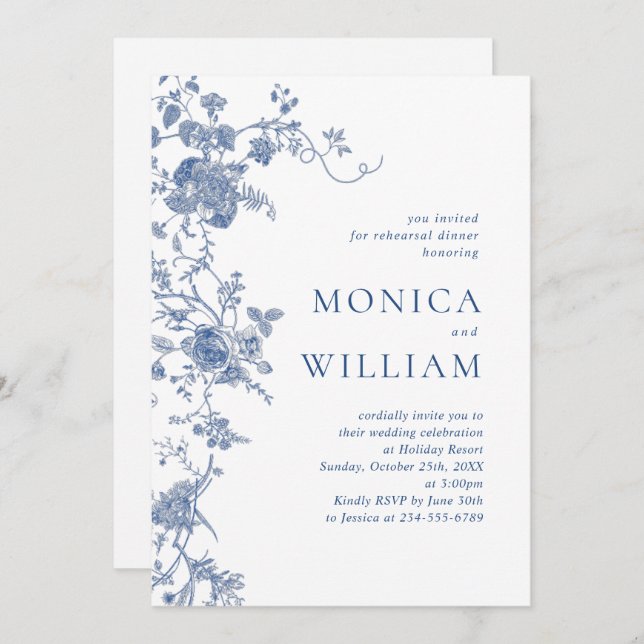 Victorian Blue French Floral Rehearsal Dinner Invitation (Front/Back)