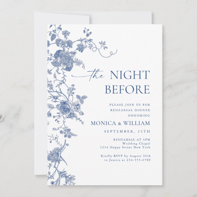 Victorian Blue French Floral Rehearsal Dinner Invitation (Front)