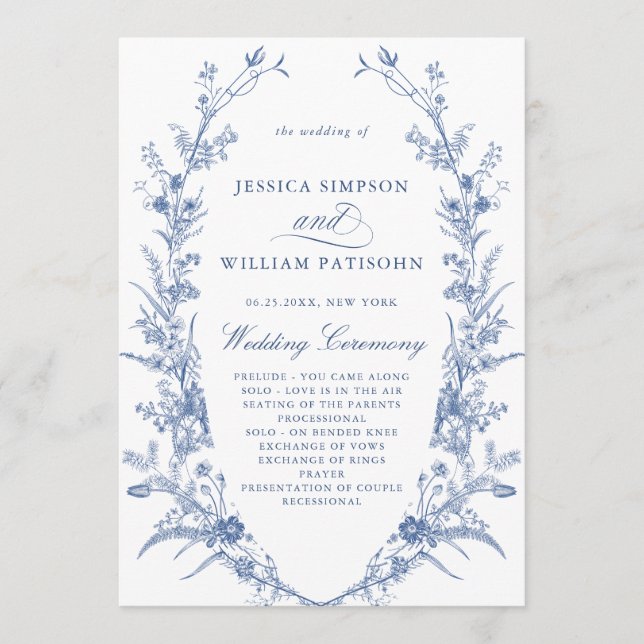Victorian Blue French Floral Wedding Ceremony Program (Front)