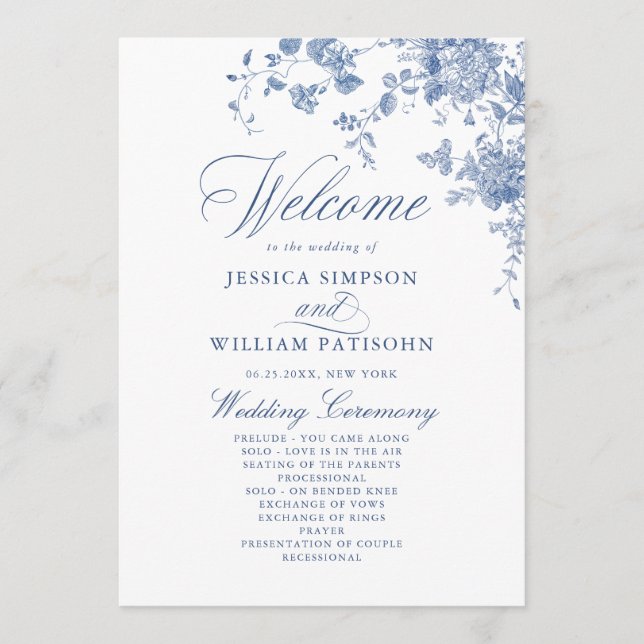 Victorian Blue French Floral Wedding Ceremony Program (Front)