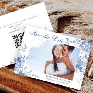 Victorian Blue French Floral Wedding Photo QR code Save The Date