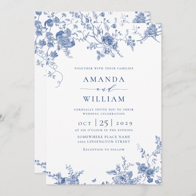 Victorian Blue French Floral Wedding QR code Invitation (Front/Back)