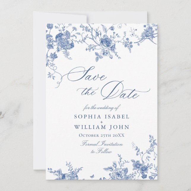 Victorian Blue French Floral Wedding QR code Save Save The Date (Front)