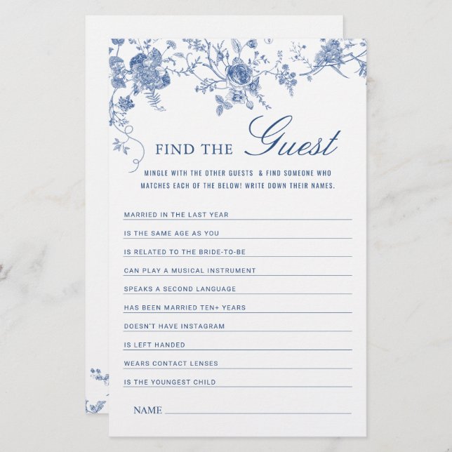 Victorian Blue French Garden Bridal Shower Game (Front/Back)