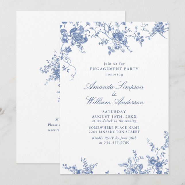 Victorian Blue French Garden ENGAGEMENT PARTY Invitation (Front/Back)