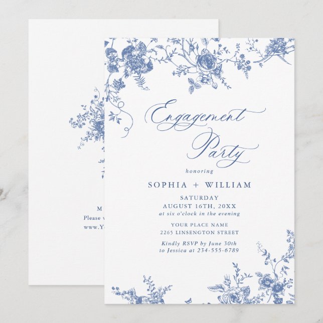 Victorian Blue French Garden ENGAGEMENT PARTY Invitation (Front/Back)