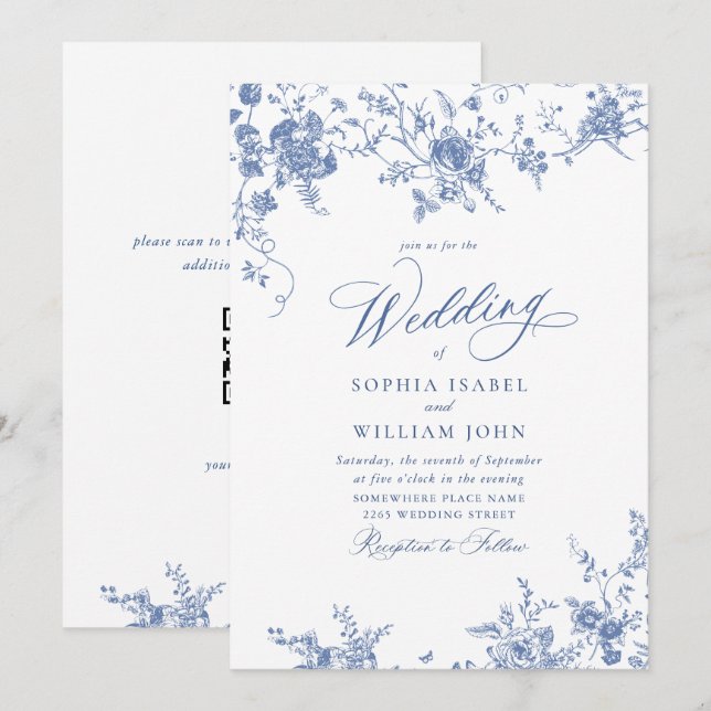 Victorian Blue French Garden Floral Wedding Invitation (Front/Back)
