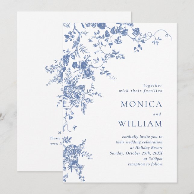 Victorian Blue French Garden Floral Wedding Invitation (Front/Back)
