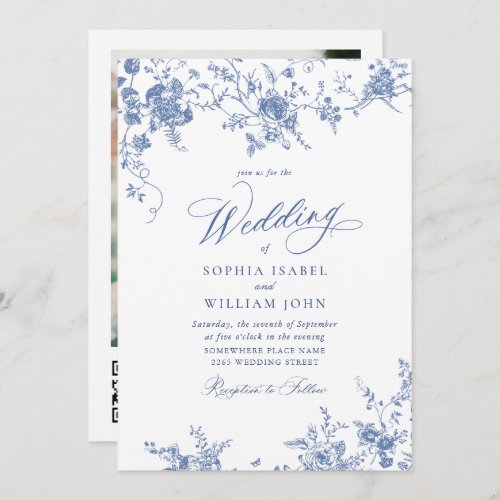 Victorian Blue French Garden QR code Photo Wedding Invitation