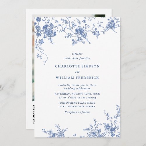 Victorian Blue French Garden QR code Photo Wedding Invitation