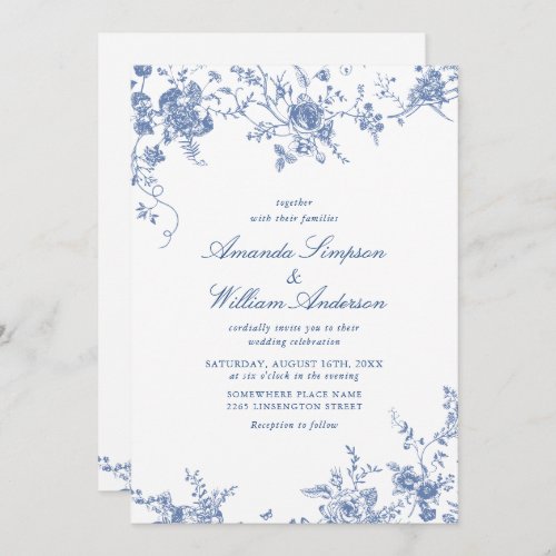 Victorian Blue French Garden QR code Wedding Invitation