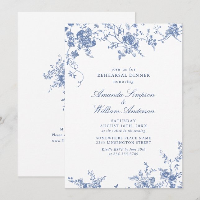Victorian Blue French Garden Rehearsal Dinner Invitation (Front/Back)