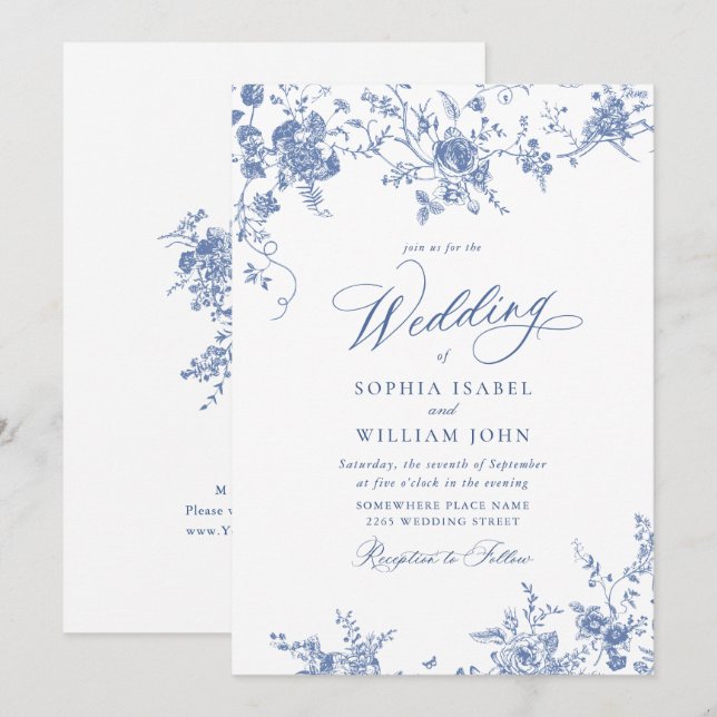 Victorian Blue French Garden Toile Floral Wedding Invitation (Front/Back)