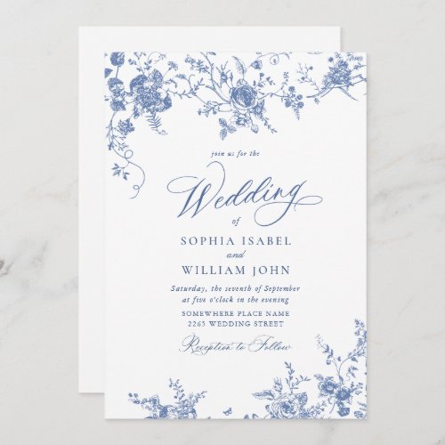 Victorian Blue French Garden Toile Floral Wedding Invitation