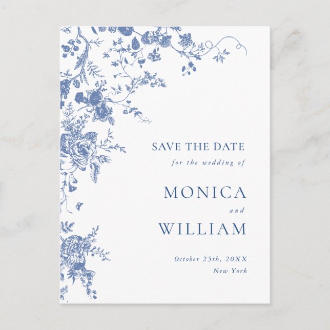 Victorian Blue French Garden Wedding Save the Date Postcard (Front)