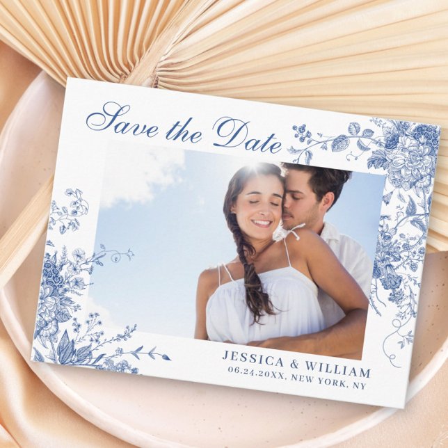 Victorian Blue French Garden Wedding Save the Date Postcard (Creator Uploaded)