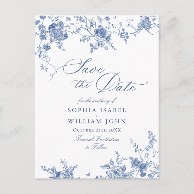 Victorian Blue French Garden Wedding Save the Date Postcard (Front)