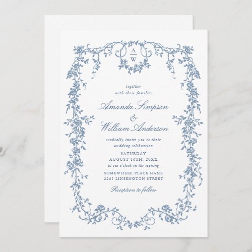 Victorian Blue French Ornate Wedding All in One Invitation