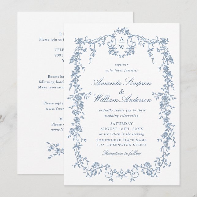 Victorian Blue French Ornate Wedding All in One Invitation (Front/Back)