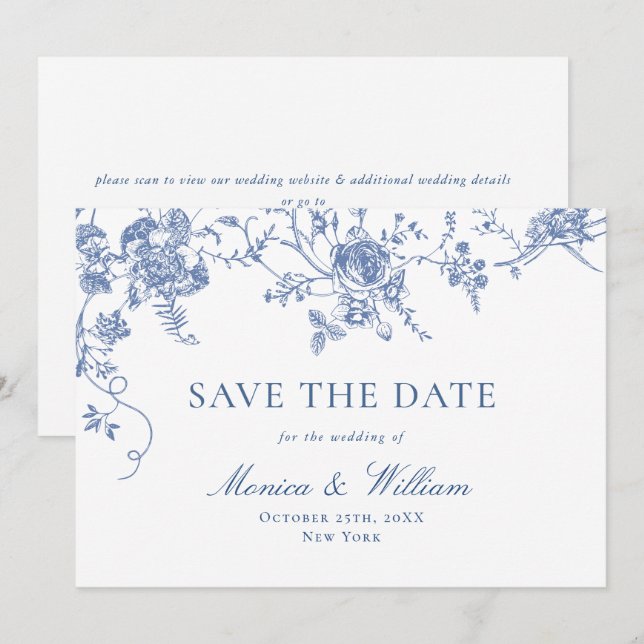 Victorian Blue French Roses Garden QR code Wedding Save The Date (Front/Back)