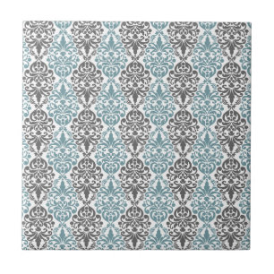 Victorian Blue Grey Vintage Damask Lace Pattern Tile