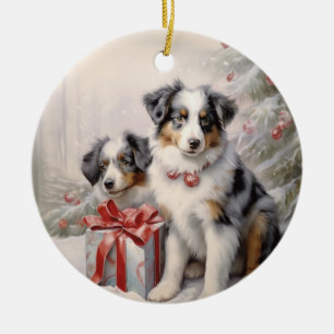 Victorian Blue Merle Aussie Puppy Christmas Ceramic Ornament