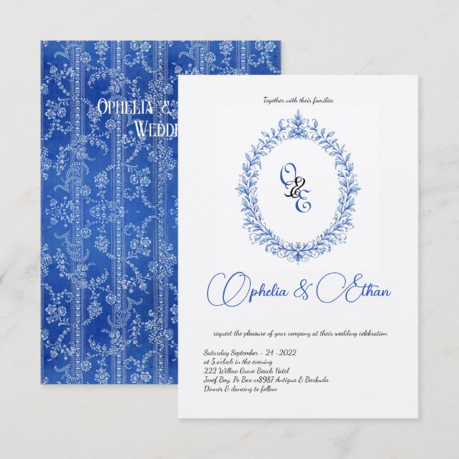 Victorian Blue Monogram Floral Crest Invitation (Front/Back)