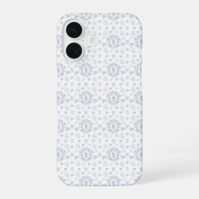 Victorian Blue Toile Repeating Monogram Name Iphone Case (Back)