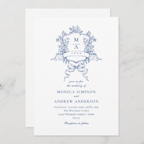 Victorian Blue Wedding Ornate Floral Crest Invitation