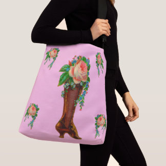 Victorian boot holding flowers crossbody bag