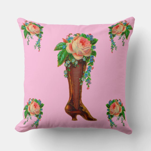 Victorian boot holding flowers throw pillow (Front)