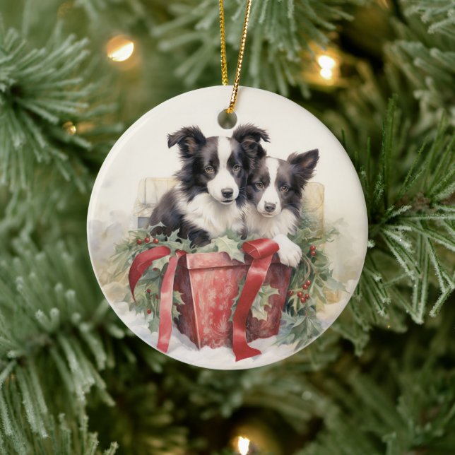 Victorian Border Collie Puppy Christmas Ceramic Ornament (Tree)