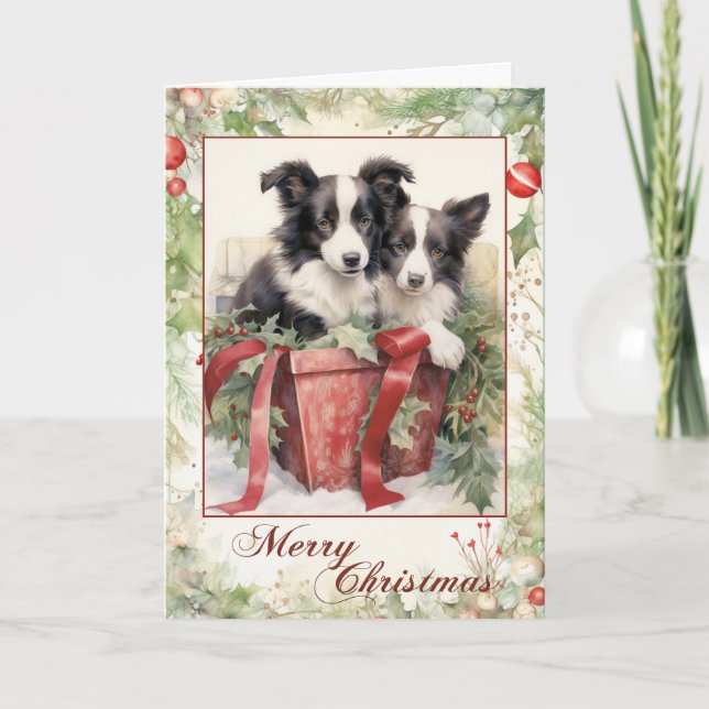 Victorian Border Collie Puppy Christmas Holiday Card (Front)
