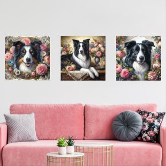 Victorian Border Collies with Roses Print Set