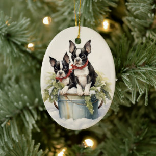 Victorian Boston Terrier Puppy Christmas Ceramic Ornament
