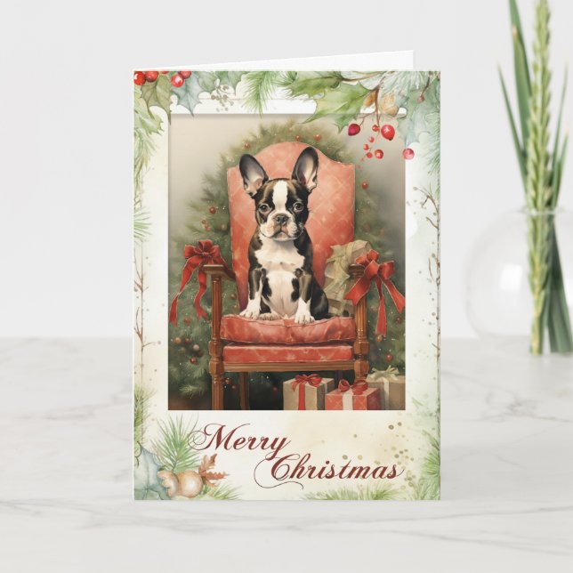 Victorian Boston Terrier Puppy Christmas Holiday Card (Front)