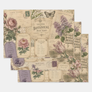 VICTORIAN BOTANICAL POSTCARD COLLAGE WRAPPING PAPER SHEETS